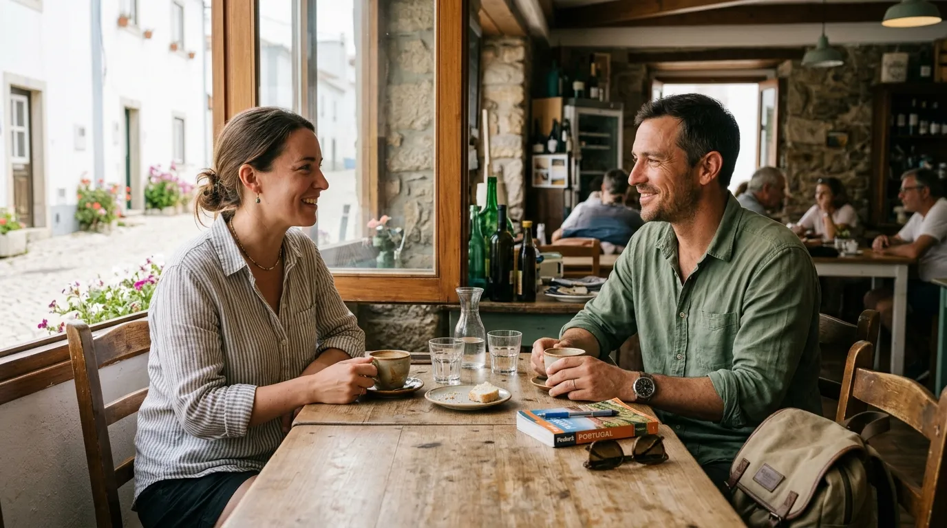 Two travelers sitting contentedly in a modest but pleasant location