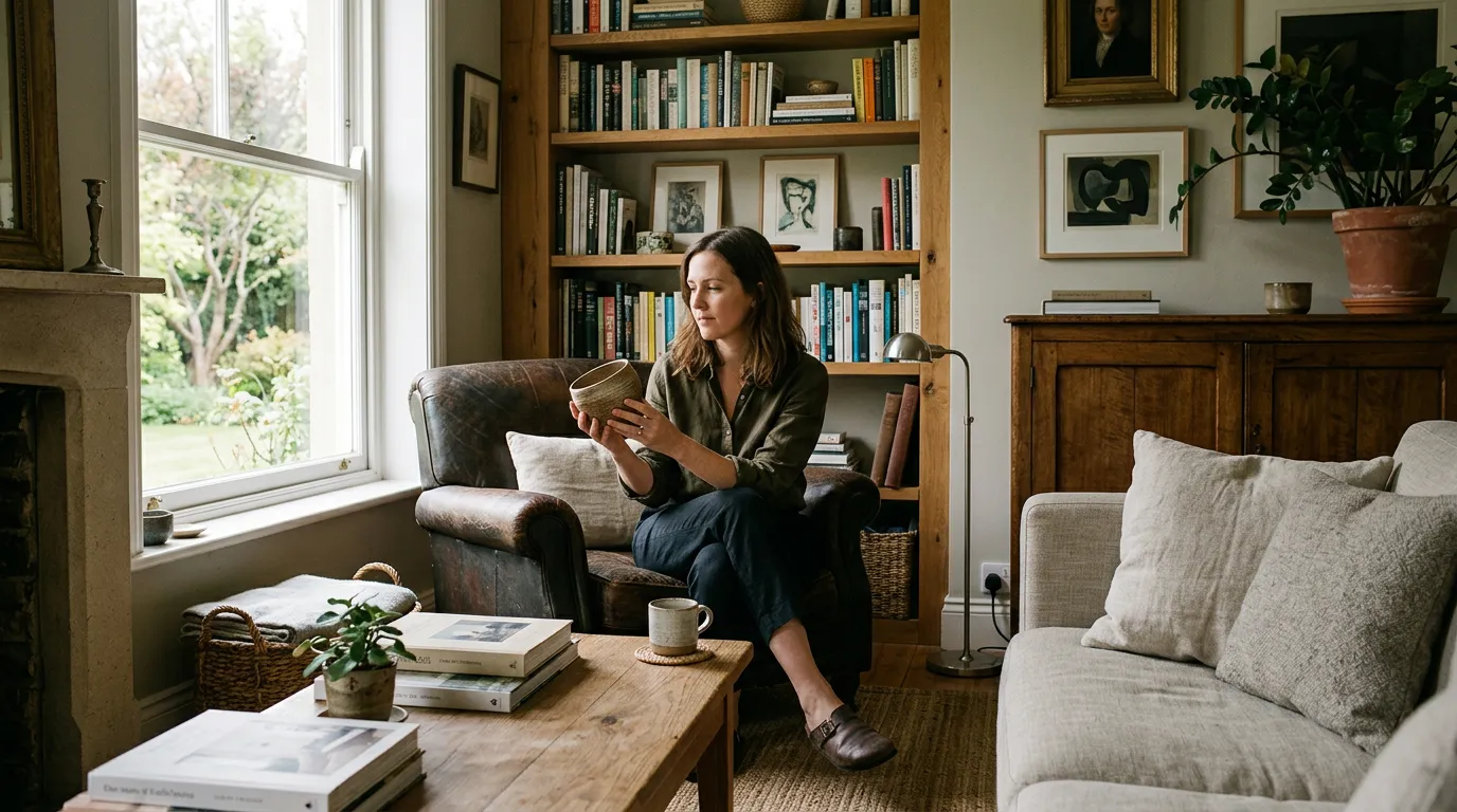 Living space with a mix of classic and contemporary furnishings and honest materials