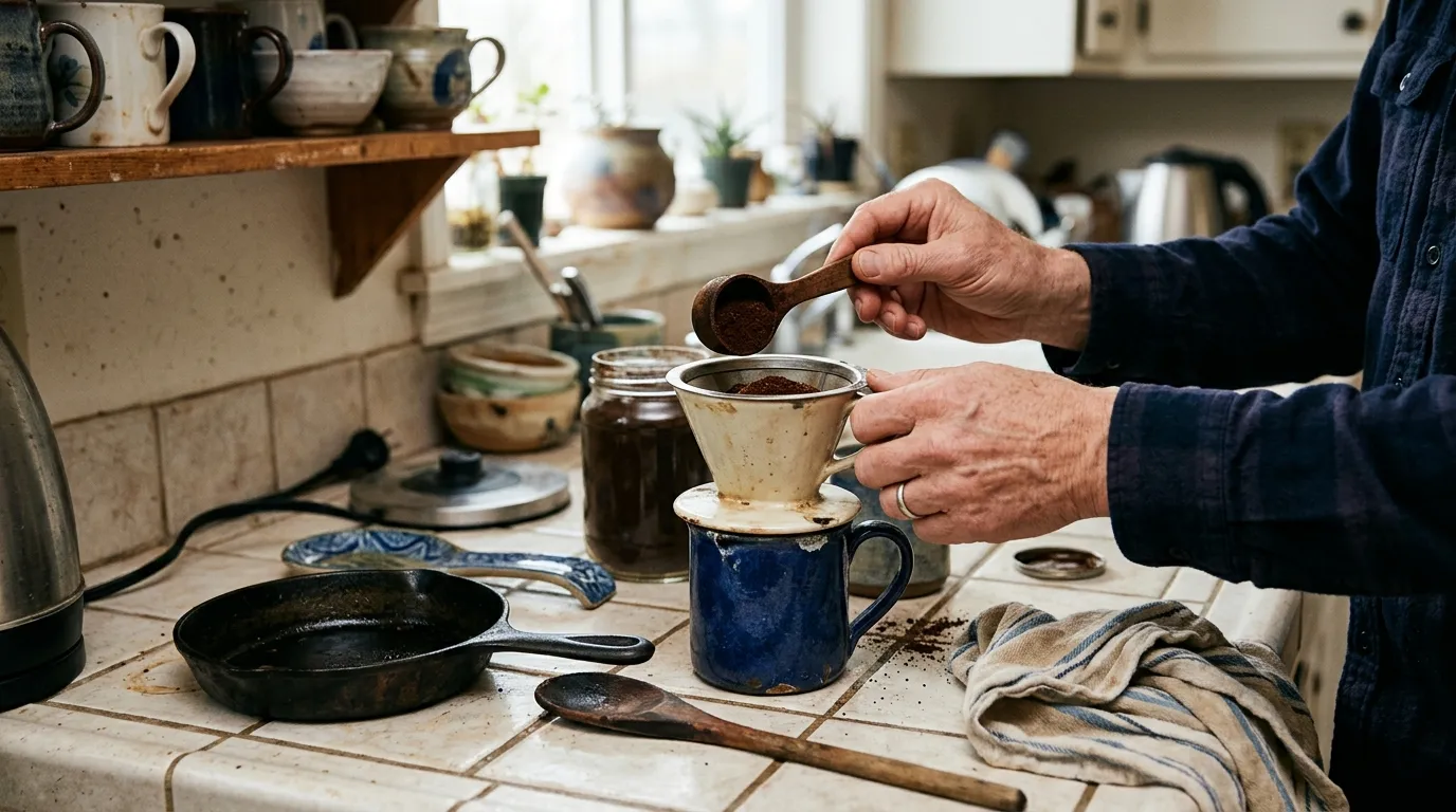 Kitchen counter scene with a ceramic mug, wooden spoon, and cast iron pan in morning light