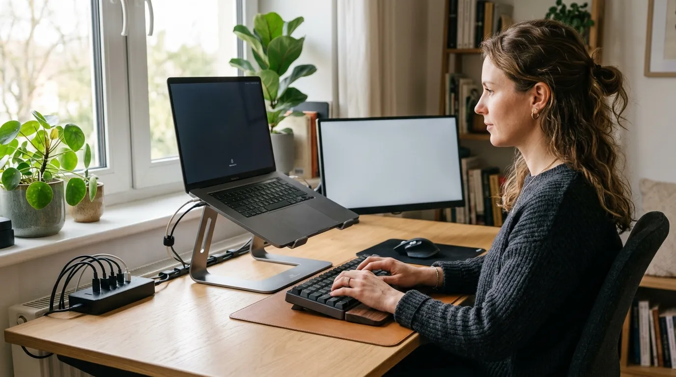 Tidy home office with laptop on a stand, external keyboard, and a power hub
