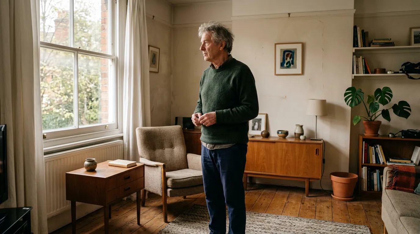 Sparsely furnished but warm and inhabited room with a person standing in it