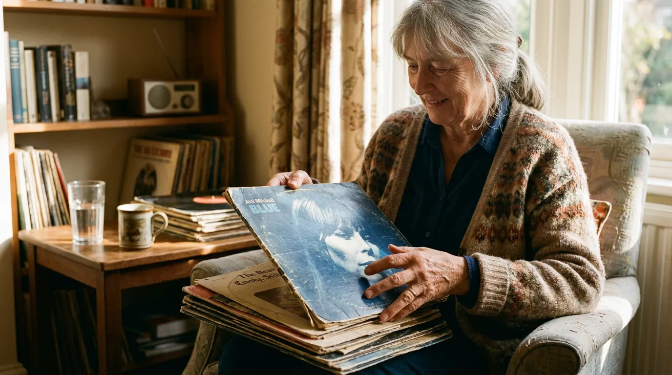 Person holding an older record or worn jacket in warm afternoon light