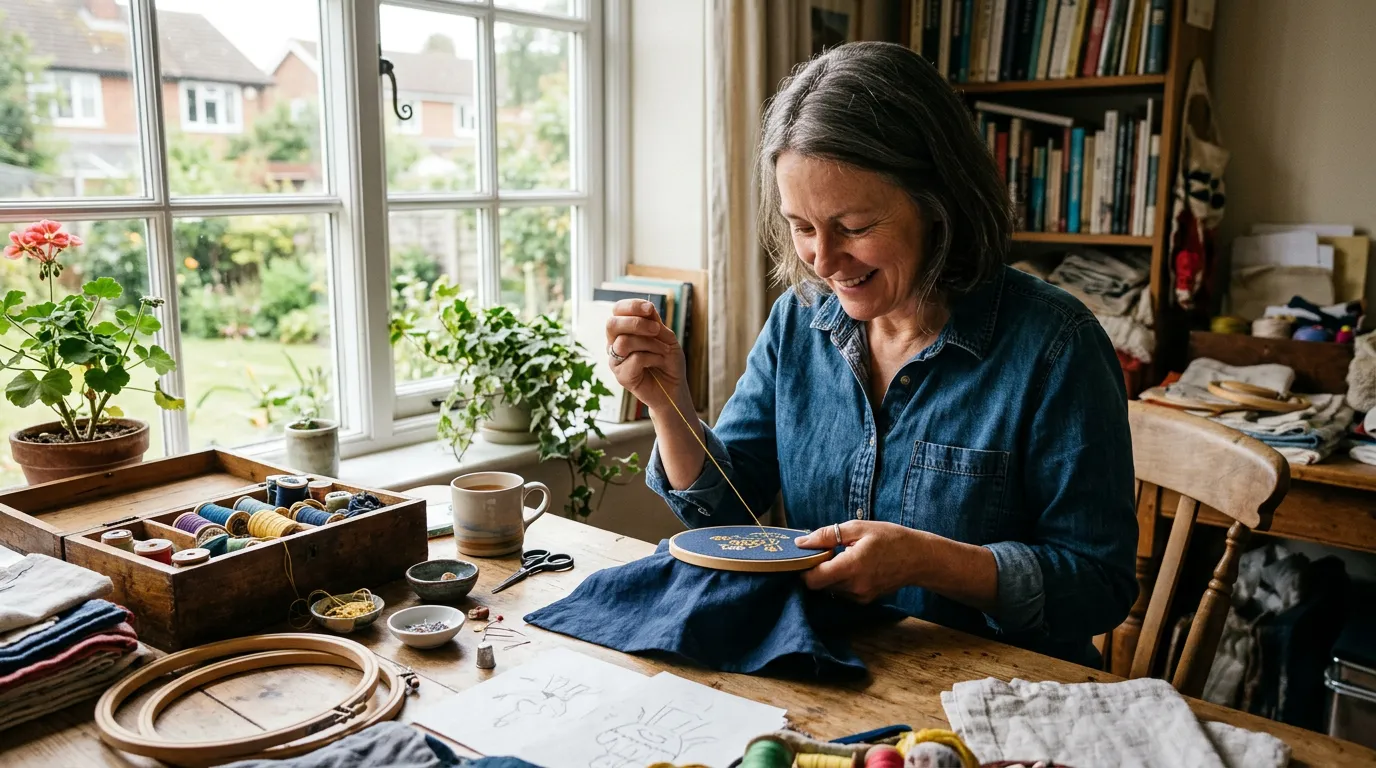 Person actively engaged in a craft hobby at a table, hands at work with materials