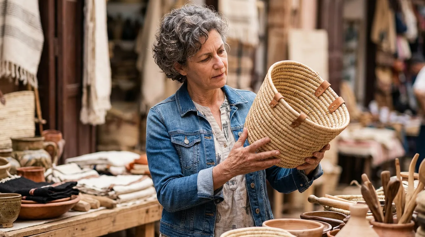 Person at a shop examining a well-made object closely in both hands