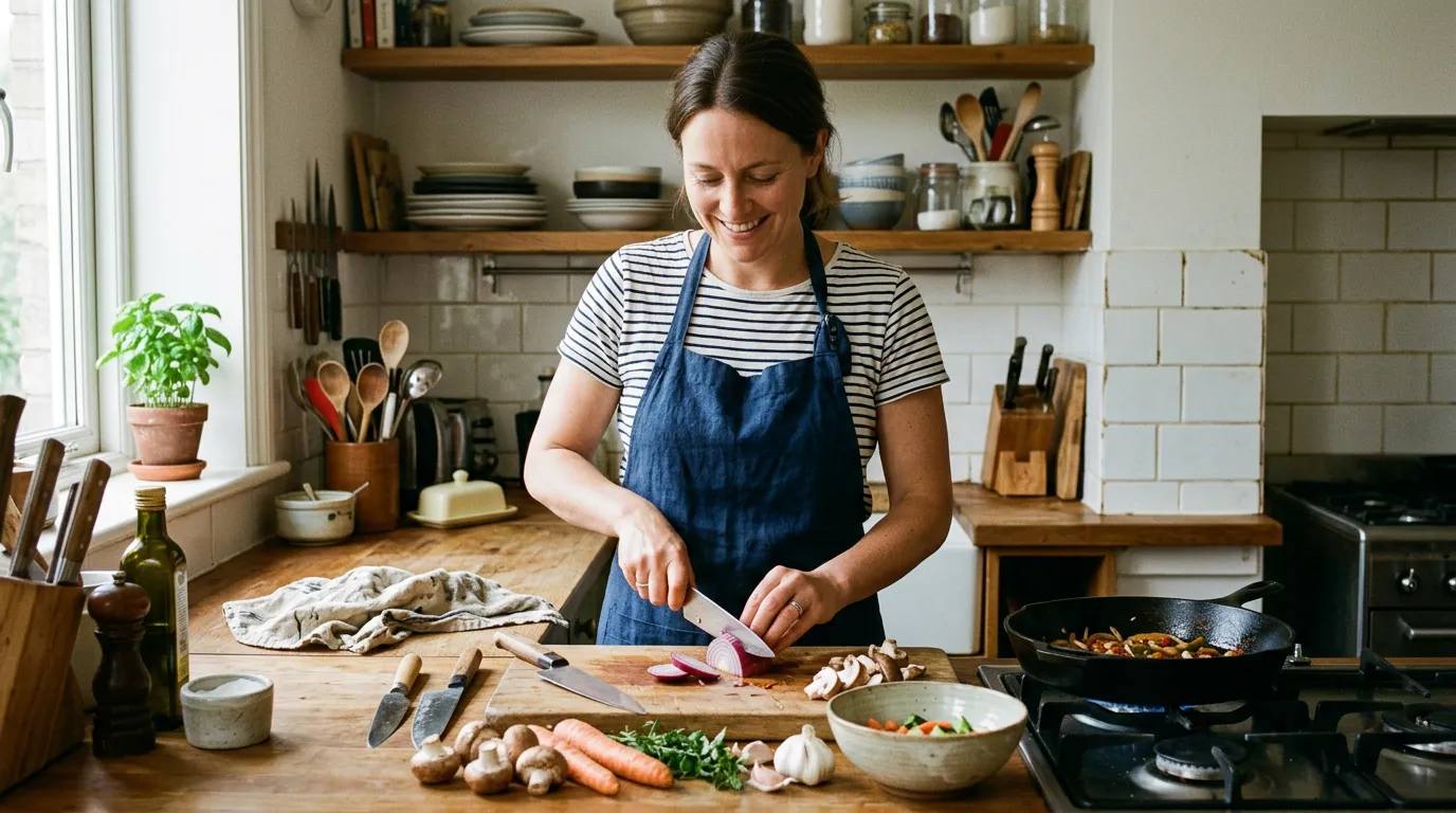 Kitchen with cast iron pan, well-used wooden tools, and a person preparing food